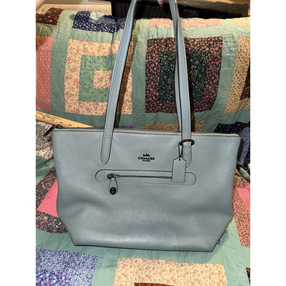 Coach City Zip Top Tote Powder Blue Pebbled Leather Handbag